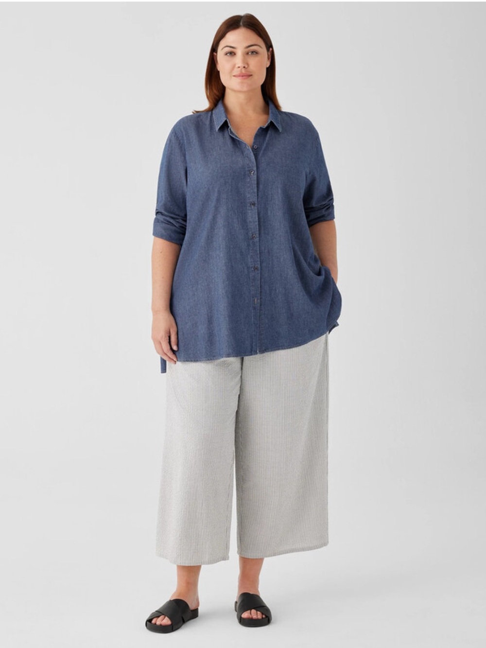 Eileen Fisher Airy Organic Cotton Twill Classic Collar Denim Shirt Size 1X - Picture 2 of 9